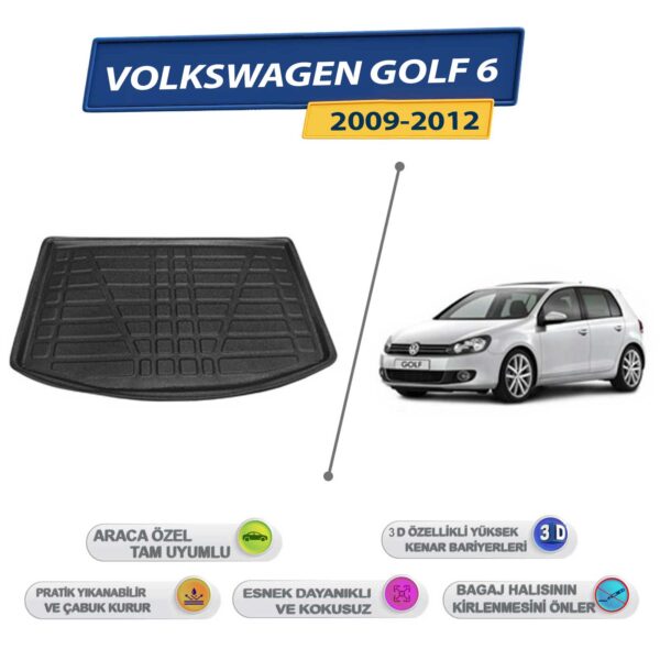 Volkswagen Golf 6 2009-2012 İçin 3D Yüksek Kenarlı Bagaj Havuzu - Kokusuz, Kolay Temizlenebilir Bagaj Paspası