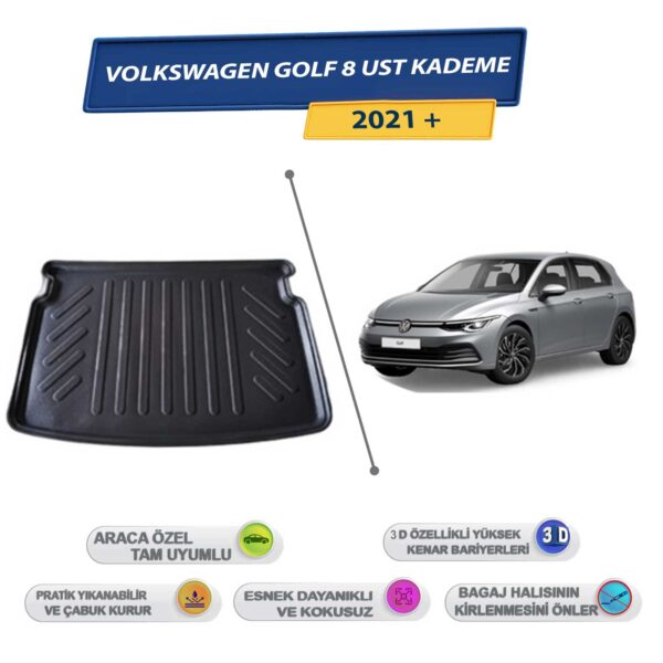 Volkswagen Golf 8 Üst Kademe 2021 Sonrası İçin 3D Yüksek Kenarlı Bagaj Havuzu - Kokusuz, Kolay Temizlenebilir Bagaj Paspası