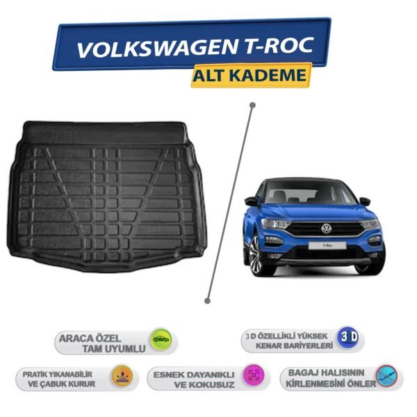 Volkswagen T-Roc Alt Kademe İçin 2019 Sonrası 3D Yüksek Kenarlı Bagaj Havuzu - Kokusuz, Kolay Temizlenebilir Bagaj Paspası