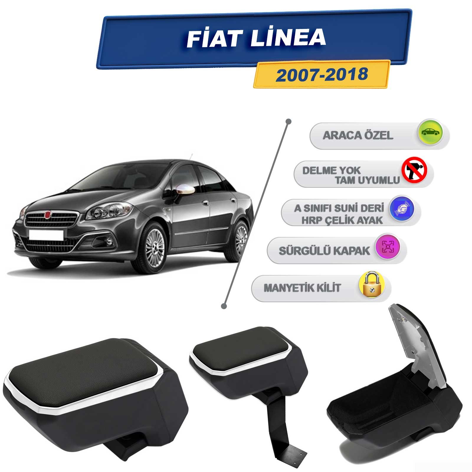 Fiat Linea 2007-2018 İçin Çelik Ayaklı Kolçak, Kol Dayama - A+ Kalite Abs Malzeme (Gri)