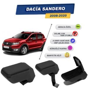 Dacia Sandero 2008-2020 İçin Çelik Ayaklı Kolçak, Kol Dayama - A+ Kalite Abs Malzeme (Siyah)