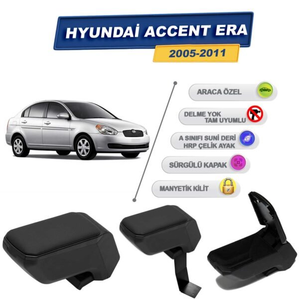 Hyundai Accent Era 2005-2011 İçin Çelik Ayaklı Kolçak, Kol Dayama - A+ Kalite Abs Malzeme (Siyah)