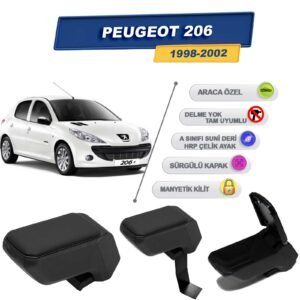 Peugeot 206 1998-2012 İçin Çelik Ayaklı Kolçak, Kol Dayama - A+ Kalite Abs Malzeme (Siyah)