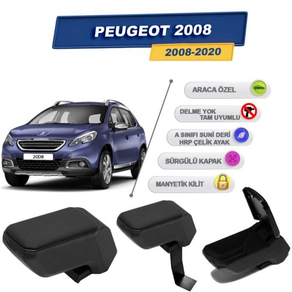 Peugeot 2008 2020 İçin Çelik Ayaklı Kolçak, Kol Dayama - A+ Kalite Abs Malzeme (Siyah)
