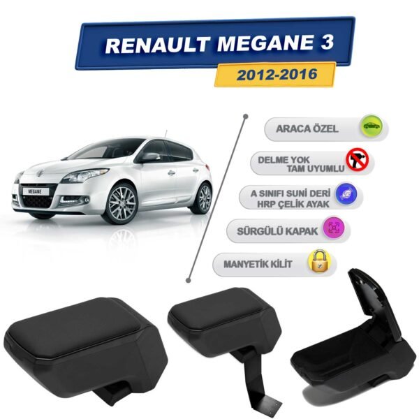 Renault Megane 3 2012-2016 İçin Çelik Ayaklı Kolçak, Kol Dayama - A+ Kalite Abs Malzeme (Siyah)
