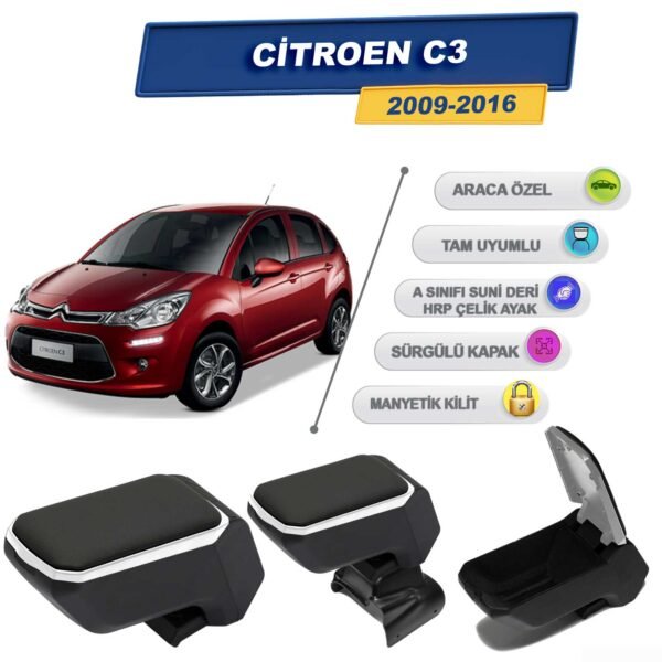 Citroen C3 2009-2016 İçin Vidalı Kolçak, Kol Dayama - A+ Kalite Abs Malzeme (Gri)