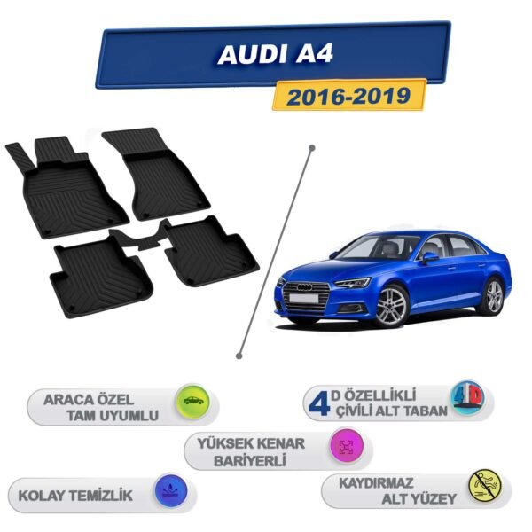 Audi A4 2016-2019 İle Uyumlu 4D Havuzlu Paspas A+Kalite Siyah