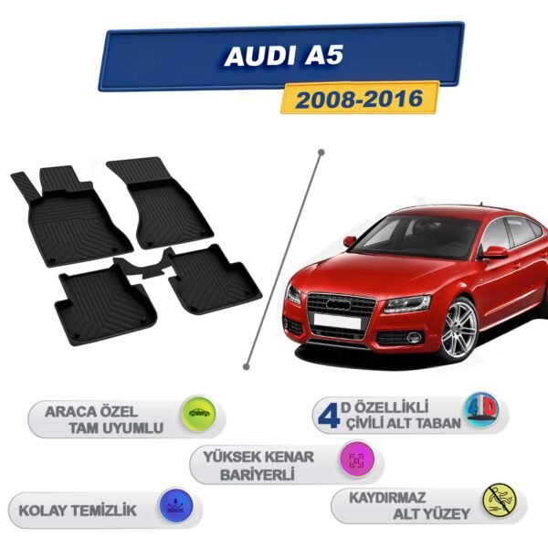 Audi A5 2008-2016 İle Uyumlu 4D Havuzlu Paspas A+Kalite Siyah