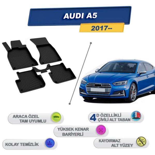 Audi A5 2017 Sonrası İle Uyumlu 4D Havuzlu Paspas A+Kalite Siyah