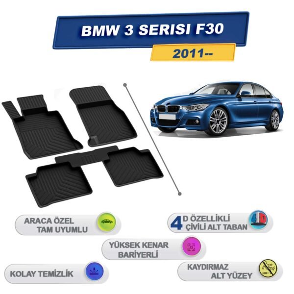 Bmw 3 Serisi F30 2011 Sonrası İle Uyumlu 4D Havuzlu Paspas A+Kalite Siyah