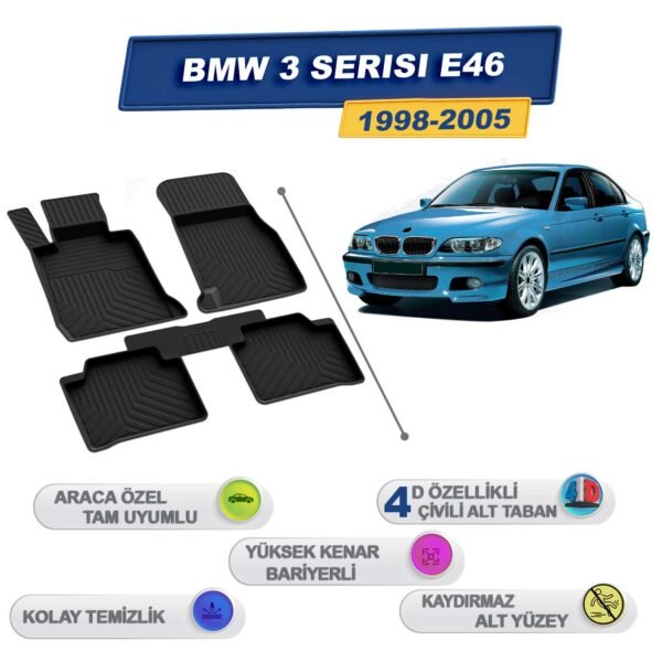 Bmw 3 Serisi E46 1998-2005 İle Uyumlu 4D Havuzlu Paspas A+Kalite Siyah