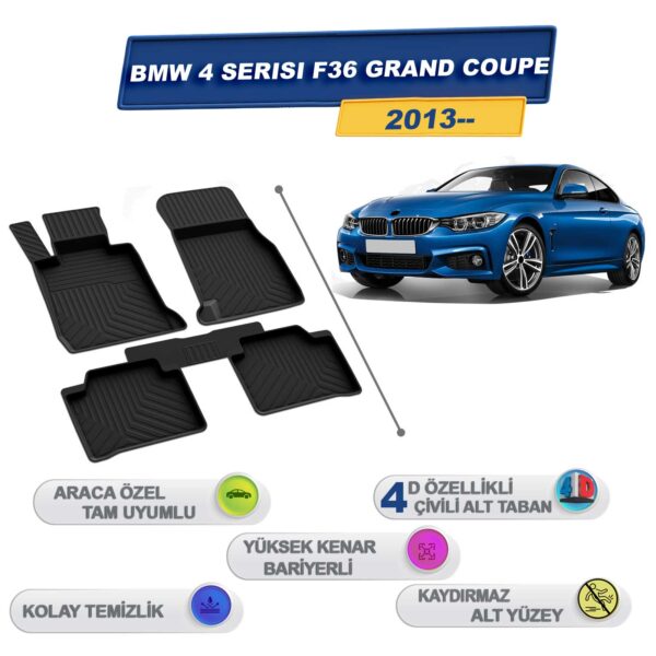 Bmw 4 Serisi F36 Grand Coupe 2013 Sonrası İle Uyumlu 4D Havuzlu Paspas A+Kalite Siyah