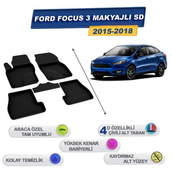 Ford Focus 3 Makyajlı Sedan 2015-2018 İle Uyumlu 4D Havuzlu Paspas A+Kalite Siyah