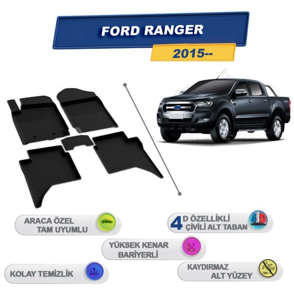 Ford Ranger 2015 Sonrası İle Uyumlu 4D Havuzlu Paspas A+Kalite Siyah