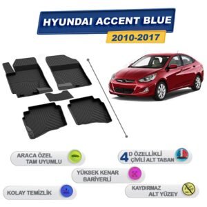 Hyundai Accent Blue 2010-2017 İle Uyumlu 4D Havuzlu Paspas A+Kalite Siyah