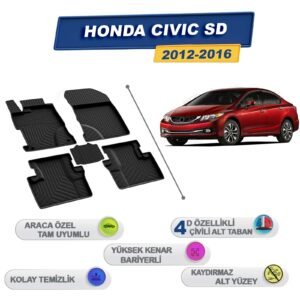Honda Civic Sedan 2012-2016 İle Uyumlu 4D Havuzlu Paspas A+Kalite Siyah