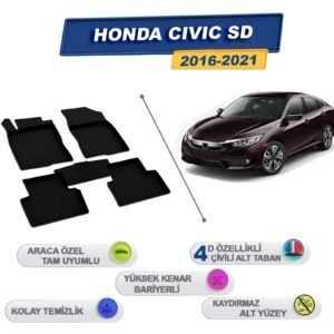 Honda Civic Sedan 2016-2021 İle Uyumlu 4D Havuzlu Paspas A+Kalite Siyah