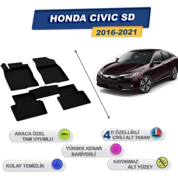 Honda Civic Sedan 2016-2021 İle Uyumlu 4D Havuzlu Paspas A+Kalite Siyah