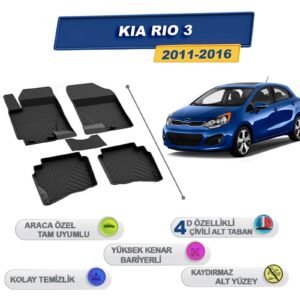 Kia Rio 3 2011-2016 İle Uyumlu 4D Havuzlu Paspas A+Kalite Siyah