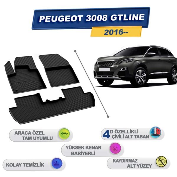 Peugeot 3008 Gtline 2016 Sonrası İle Uyumlu 4D Havuzlu Paspas A+Kalite Siyah