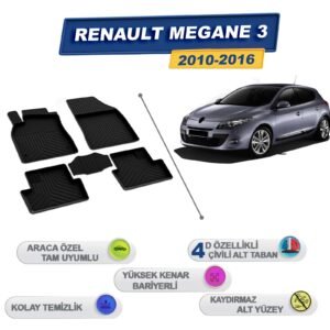 Renault Megane 3 2010-2016 İle Uyumlu 4D Havuzlu Paspas A+Kalite Siyah