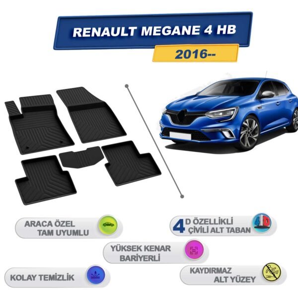 Renault Megane 4 Hatchback 2016 Sonrası İle Uyumlu 4D Havuzlu Paspas A+Kalite Siyah