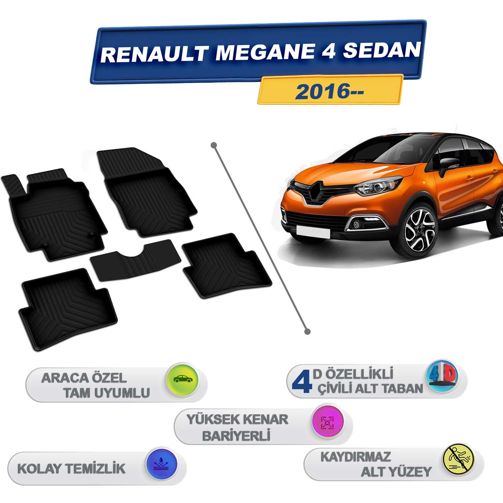 Renault Megane 4 Sedan 2016-2025 Araca Özel 4D Havuzlu Paspas A+Kalite Siyah