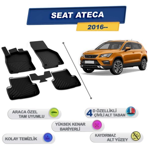 Seat Ateca 2016 Sonrası İle Uyumlu 4D Havuzlu Paspas A+Kalite Siyah
