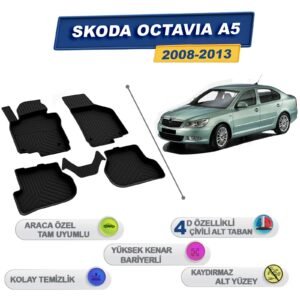 Skoda Octavia A5 2008-2013 İle Uyumlu 4D Havuzlu Paspas A+Kalite Siyah