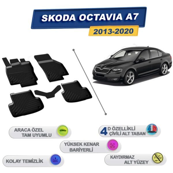 Skoda Octavia A7 2013-2020 İle Uyumlu 4D Havuzlu Paspas A+Kalite Siyah