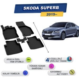 Skoda Superb 2015 Sonrası İle Uyumlu 4D Havuzlu Paspas A+Kalite Siyah