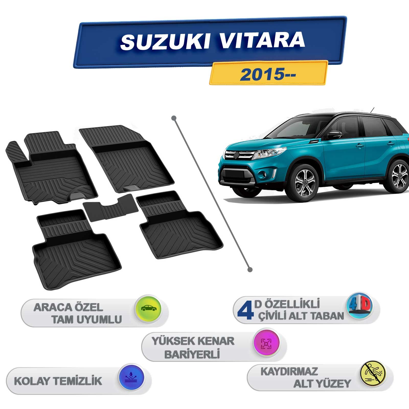 Suzuki Vitara 2015-2025 Araca Özel 4D Havuzlu Paspas A+Kalite Siyah