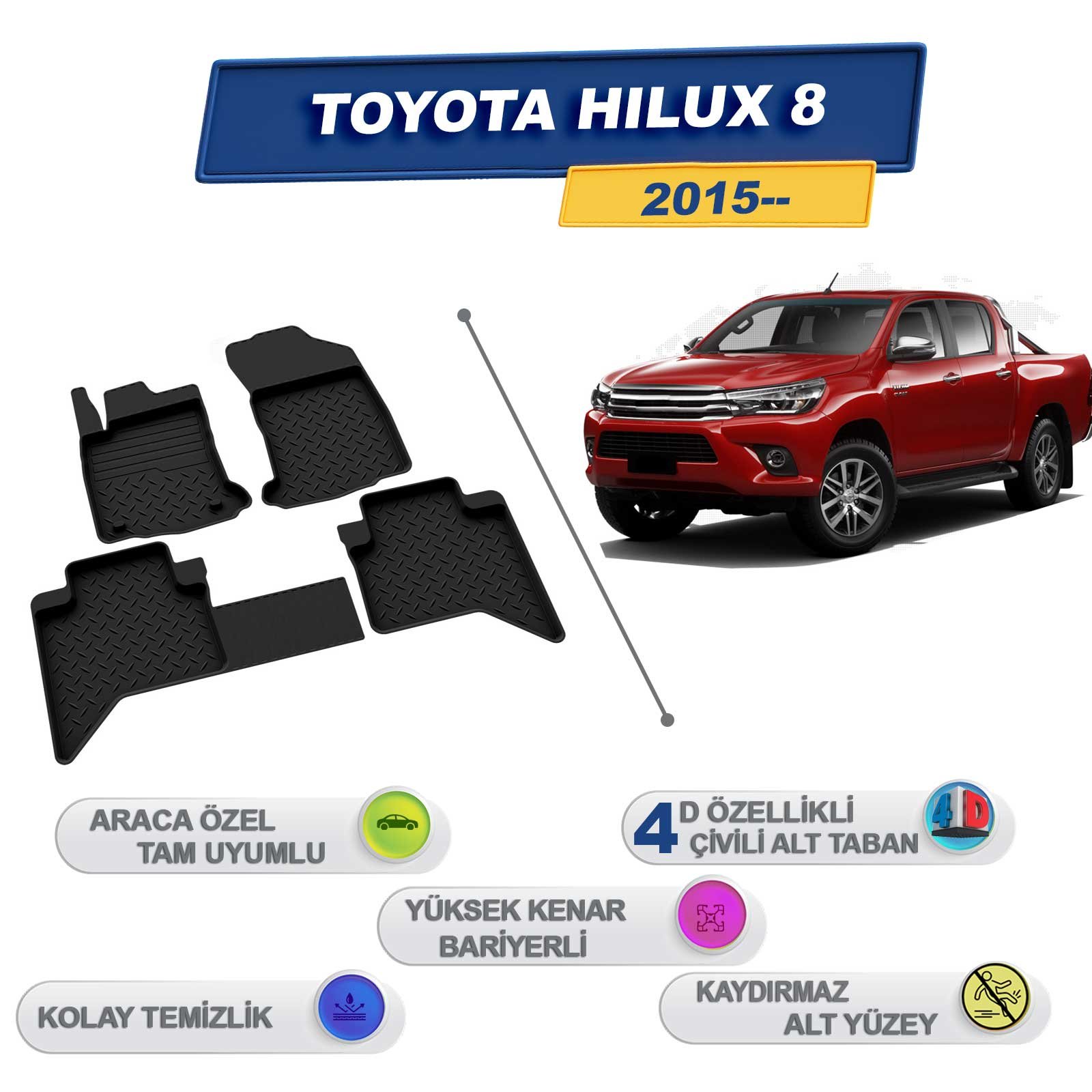 Toyota Hilux 2015-2022 Araca Özel 4D Havuzlu Paspas A+Kalite Siyah