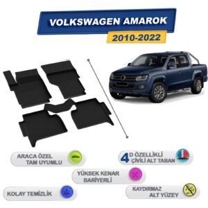 Volkswagen Amarok 2010-2022 İle Uyumlu 4D Havuzlu Paspas A+Kalite Siyah
