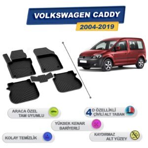 Volkswagen Caddy 2004-2019 İle Uyumlu 4D Havuzlu Paspas A+Kalite Siyah