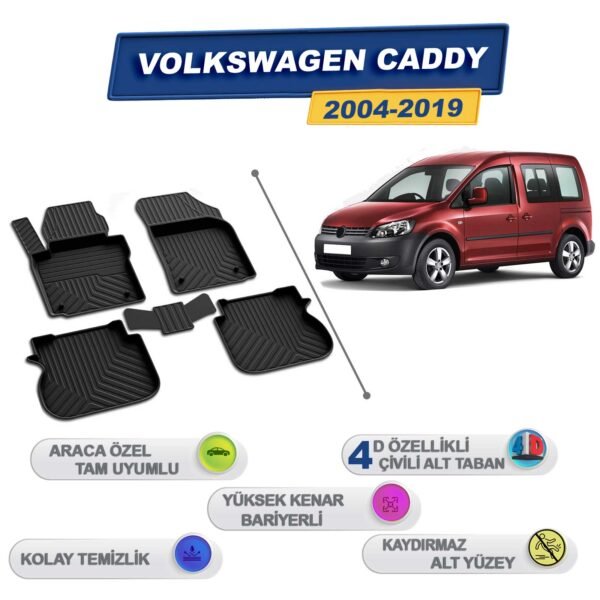 Volkswagen Caddy 2004-2019 İle Uyumlu 4D Havuzlu Paspas A+Kalite Siyah