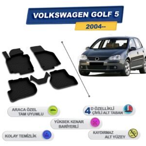 Volkswagen Golf 5 2004 Sonrası İle Uyumlu 4D Havuzlu Paspas A+Kalite Siyah