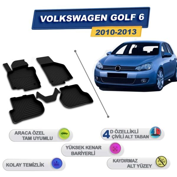 Volkswagen Golf 6 2010-2013 İle Uyumlu 4D Havuzlu Paspas A+Kalite Siyah