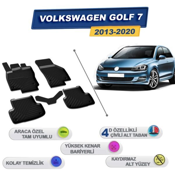 Volkswagen Golf 7 2013-2020 İle Uyumlu 4D Havuzlu Paspas A+Kalite Siyah