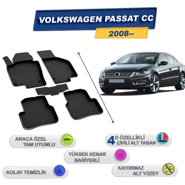 Volkswagen Passat Cc Model 2008 Sonrası İle Uyumlu 4D Havuzlu Paspas A+Kalite Siyah