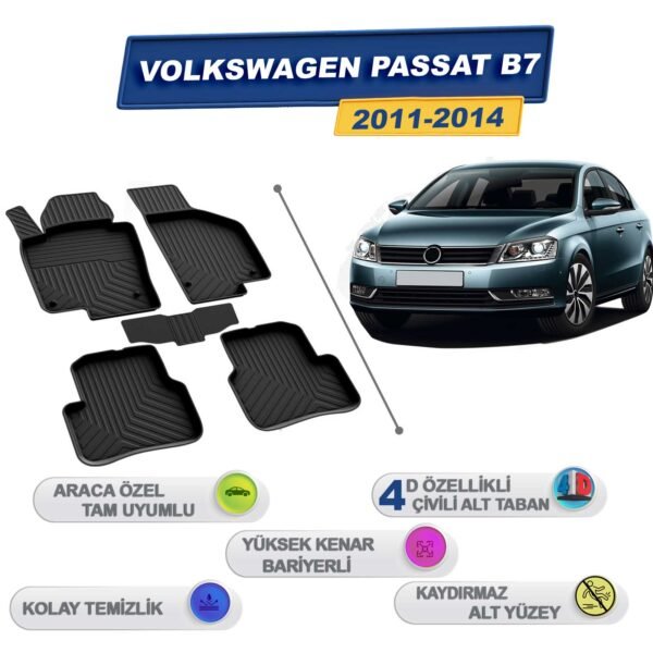 Volkswagen Passat B7 2011-2014 İle Uyumlu 4D Havuzlu Paspas A+Kalite Siyah