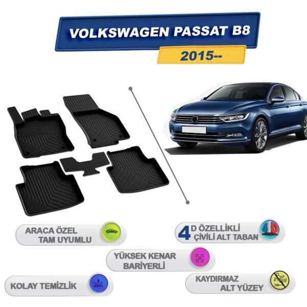 Volkswagen Passat B8 2015 Sonrası İle Uyumlu 4D Havuzlu Paspas A+Kalite Siyah