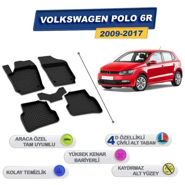 Volkswagen Polo 6R 2009-2017 İle Uyumlu 4D Havuzlu Paspas A+Kalite Siyah