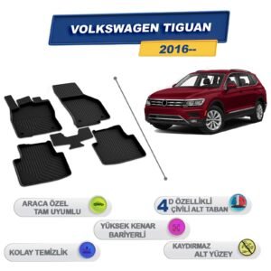 Volkswagen Tiguan 2016 Sonrası İle Uyumlu 4D Havuzlu Paspas A+Kalite Siyah