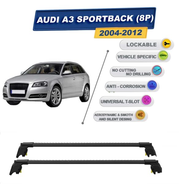 Audi A3 Sportback (8P) 2004-2012 ile Uyumlu, Entegre Tavan Çıtası için Kilitlenebilir Ara Atkı Taşıyıcı Tavan Barları / 2 adet Siyah