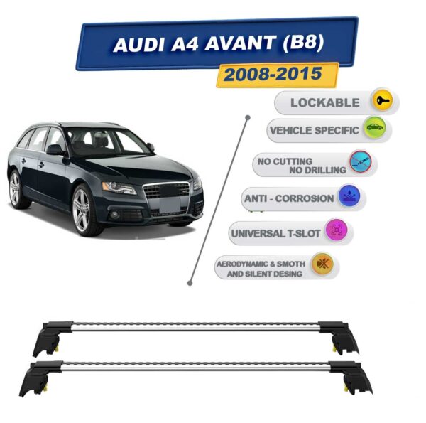 Audi A4 Avant (B8) 2008-2015 ile Uyumlu, Entegre Tavan Çıtası için Kilitlenebilir Ara Atkı Taşıyıcı Tavan Barları / 2 adet Gri