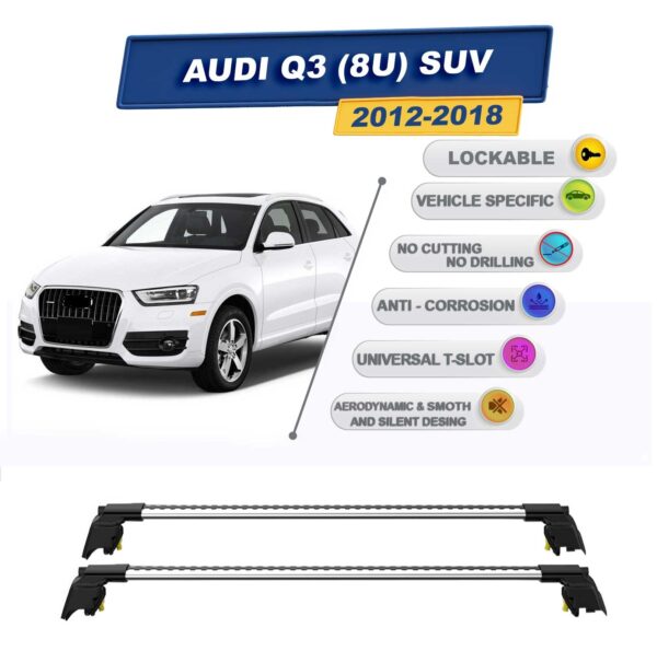 Audi Q3 (8U) SUV 2012-2018 ile Uyumlu, Entegre Tavan Çıtası için Kilitlenebilir Ara Atkı Taşıyıcı Tavan Barları / 2 adet Gri