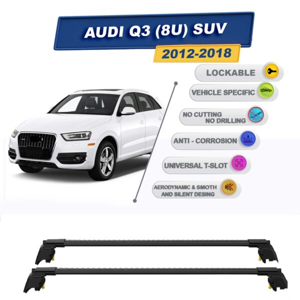 Audi Q3 (8U) SUV 2012-2018 ile Uyumlu, Entegre Tavan Çıtası için Kilitlenebilir Ara Atkı Taşıyıcı Tavan Barları / 2 adet Siyah