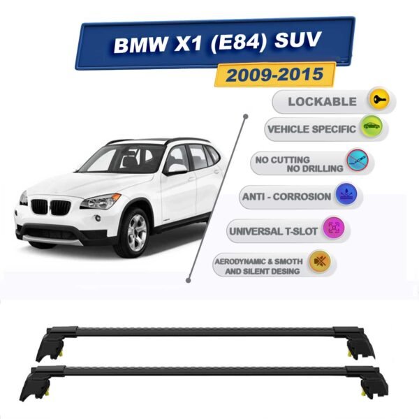 BMW X1 (E84) SUV 2009-2015 ile Uyumlu, Entegre Tavan Çıtası için Kilitlenebilir Ara Atkı Taşıyıcı Tavan Barları / 2 adet Siyah