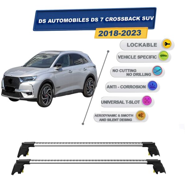 DS Automobiles DS 7 Crossback SUV 2018-2023 ile Uyumlu, Entegre Tavan Çıtası için Kilitlenebilir Ara Atkı Taşıyıcı Tavan Barları / 2 adet Gri